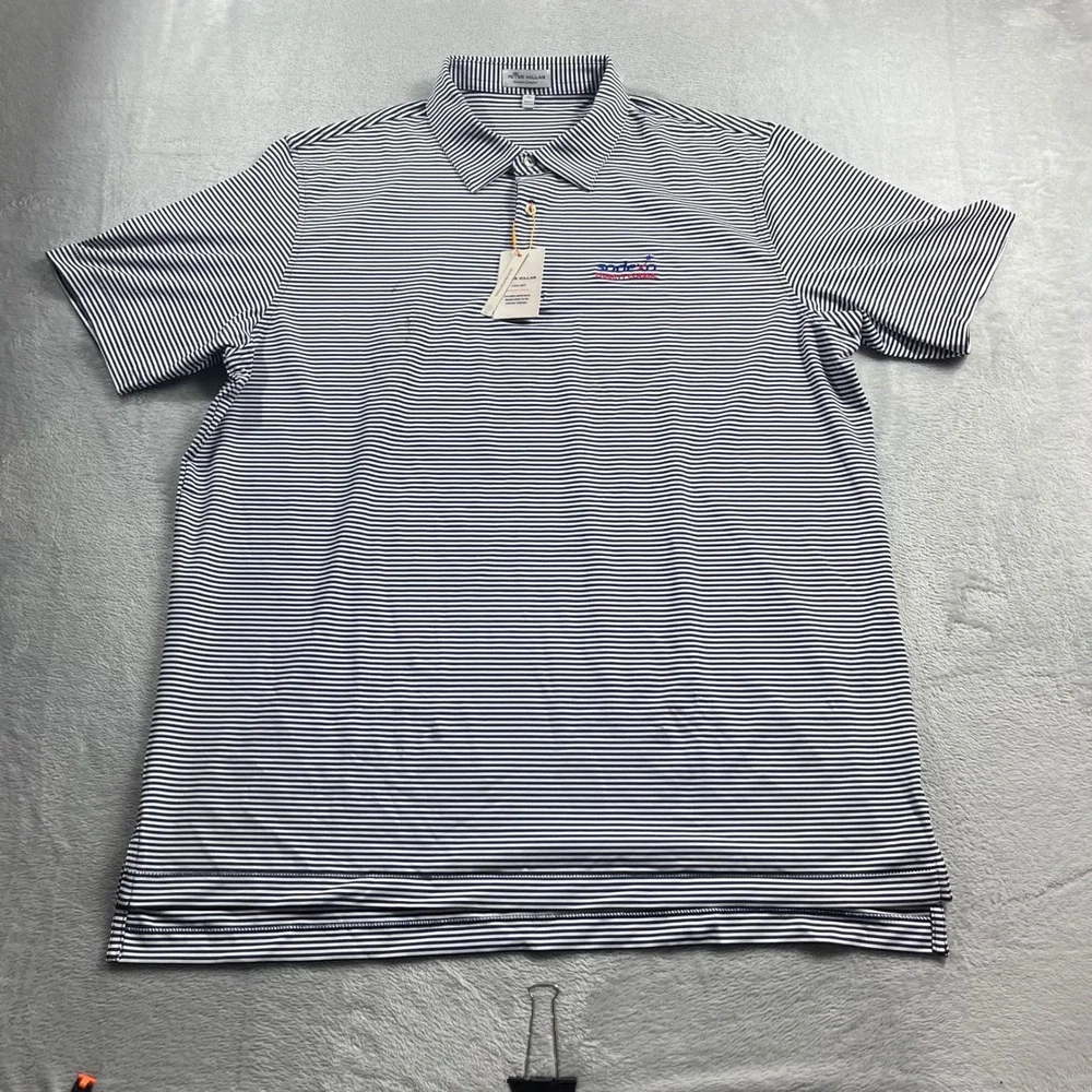 Peter Millar Summer Comfort Polo Shirt Mens XL Navy White Stripe Sodexo Charity - Picture 5 of 10